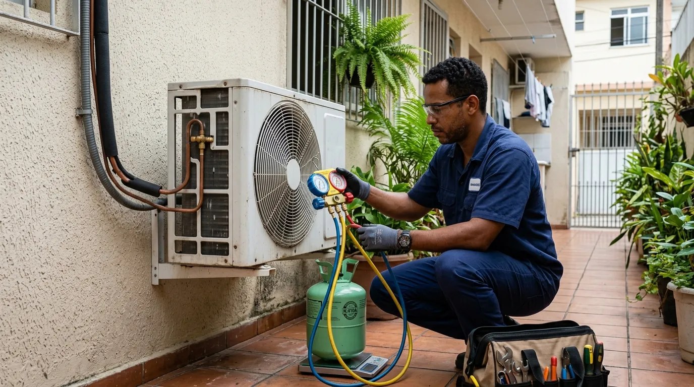 Técnico fazendo carga de gás na condensadora do ar-condicionado em Natal‑RN