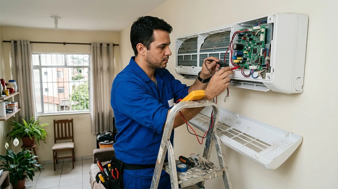 Técnico trocando a placa eletrônica de ar-condicionado split em Natal‑RN