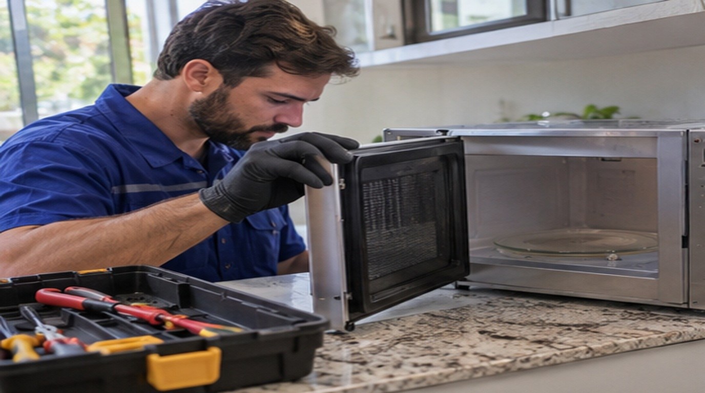 Conserto de micro-ondas em Natal‑RN: técnico abrindo um micro-ondas de bancada