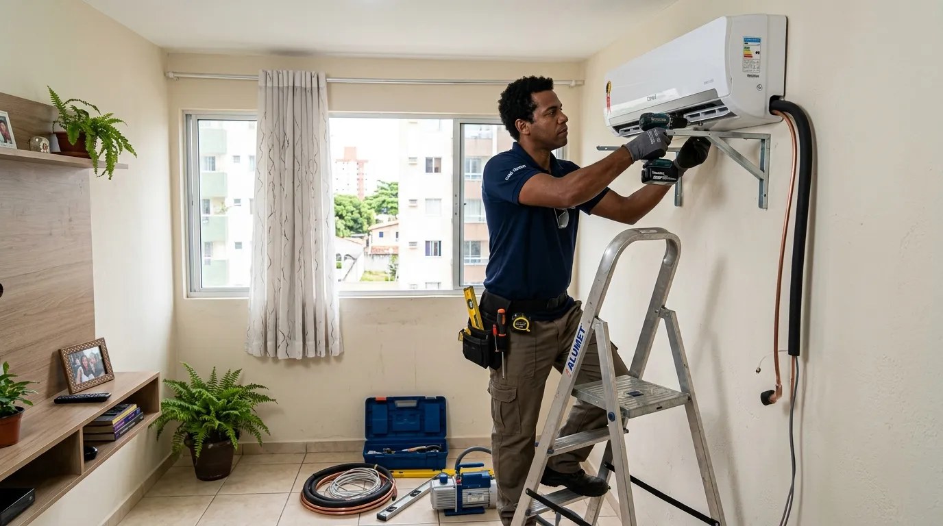 Técnico instalando ar-condicionado split em residência em Natal‑RN