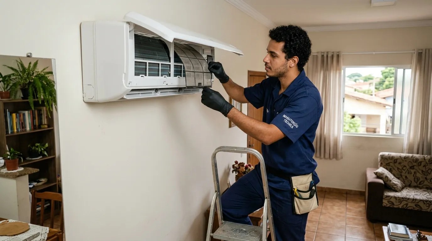 Técnico fazendo limpeza e higienização de ar-condicionado split em Natal‑RN