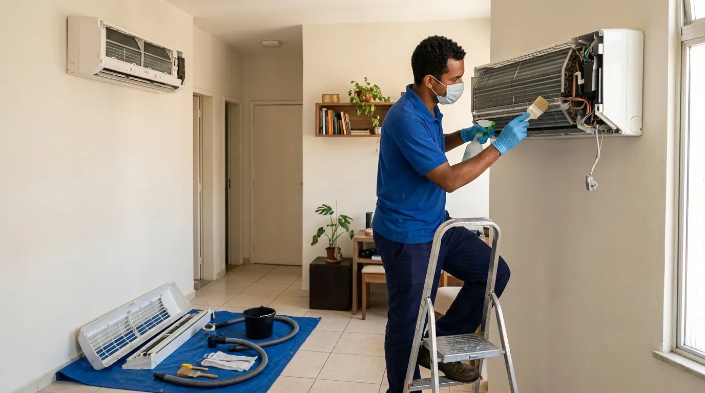 Técnico fazendo manutenção de ar-condicionado split em Natal‑RN