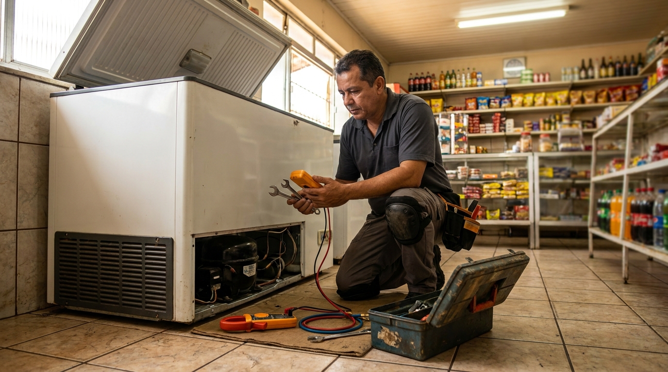 Técnico avaliando um freezer vertical durante atendimento em Natal‑RN
